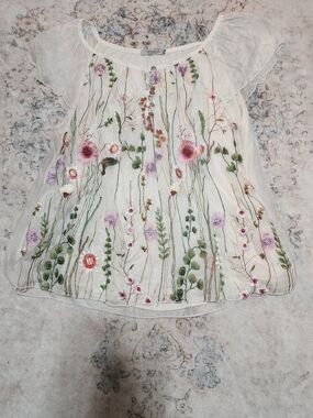 Sheer White Floral Embroidered Silk Peasant Blouse